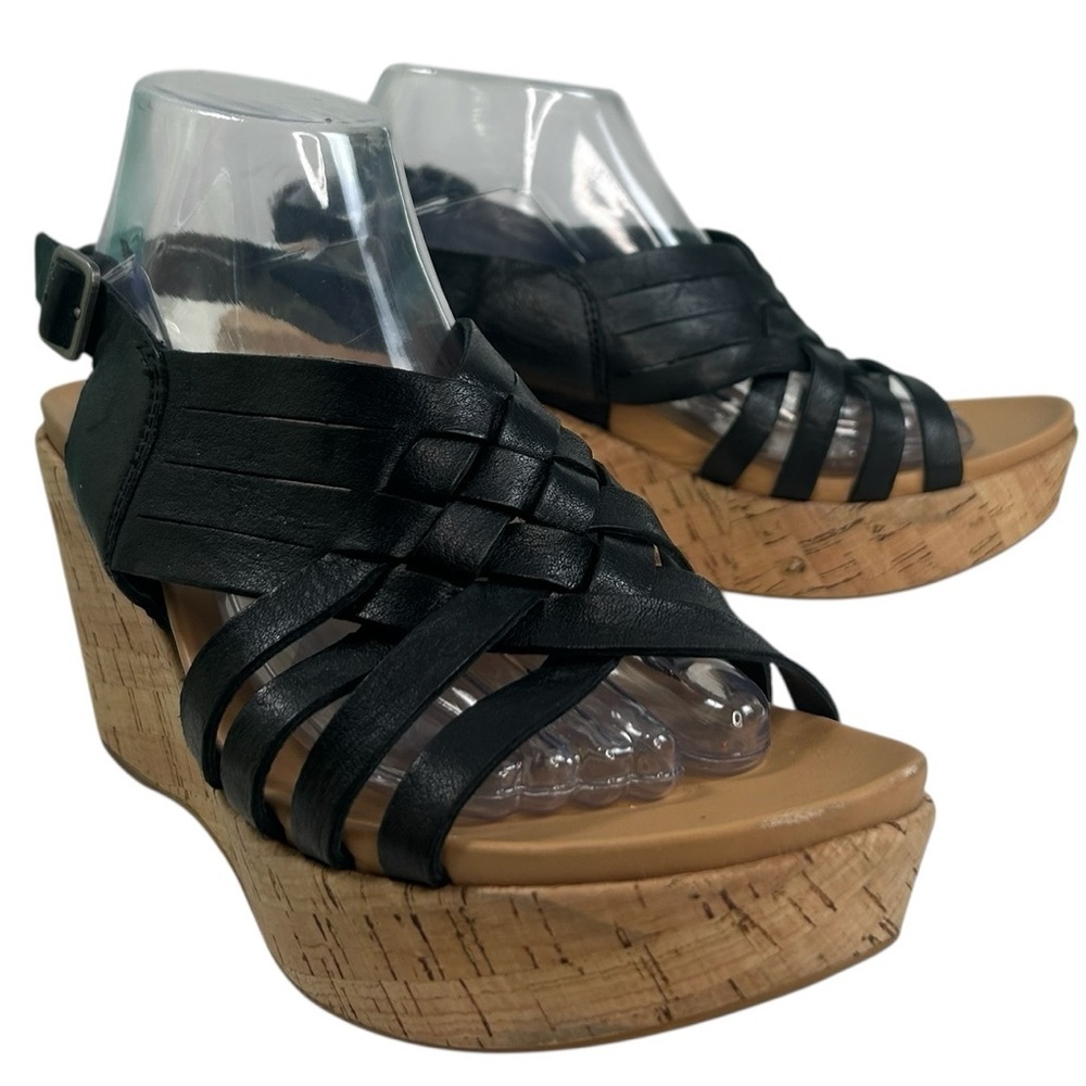 Kork-Ease Adelanto Black Tan Leather Cork Wedge Sandals Womens SZ 11 Comfort